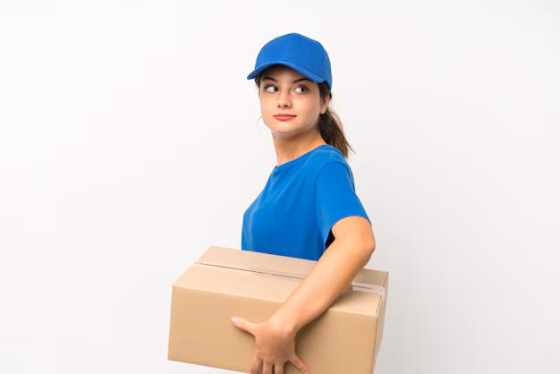 young delivery girl isolated white laughing 1368 60068